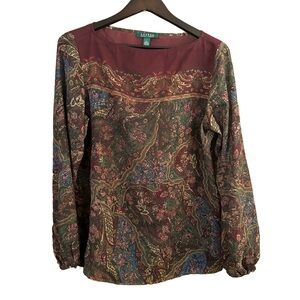 Lauren Ralph Lauren Womens See Through Floral Paisley Blouse Long Sleeve Top L